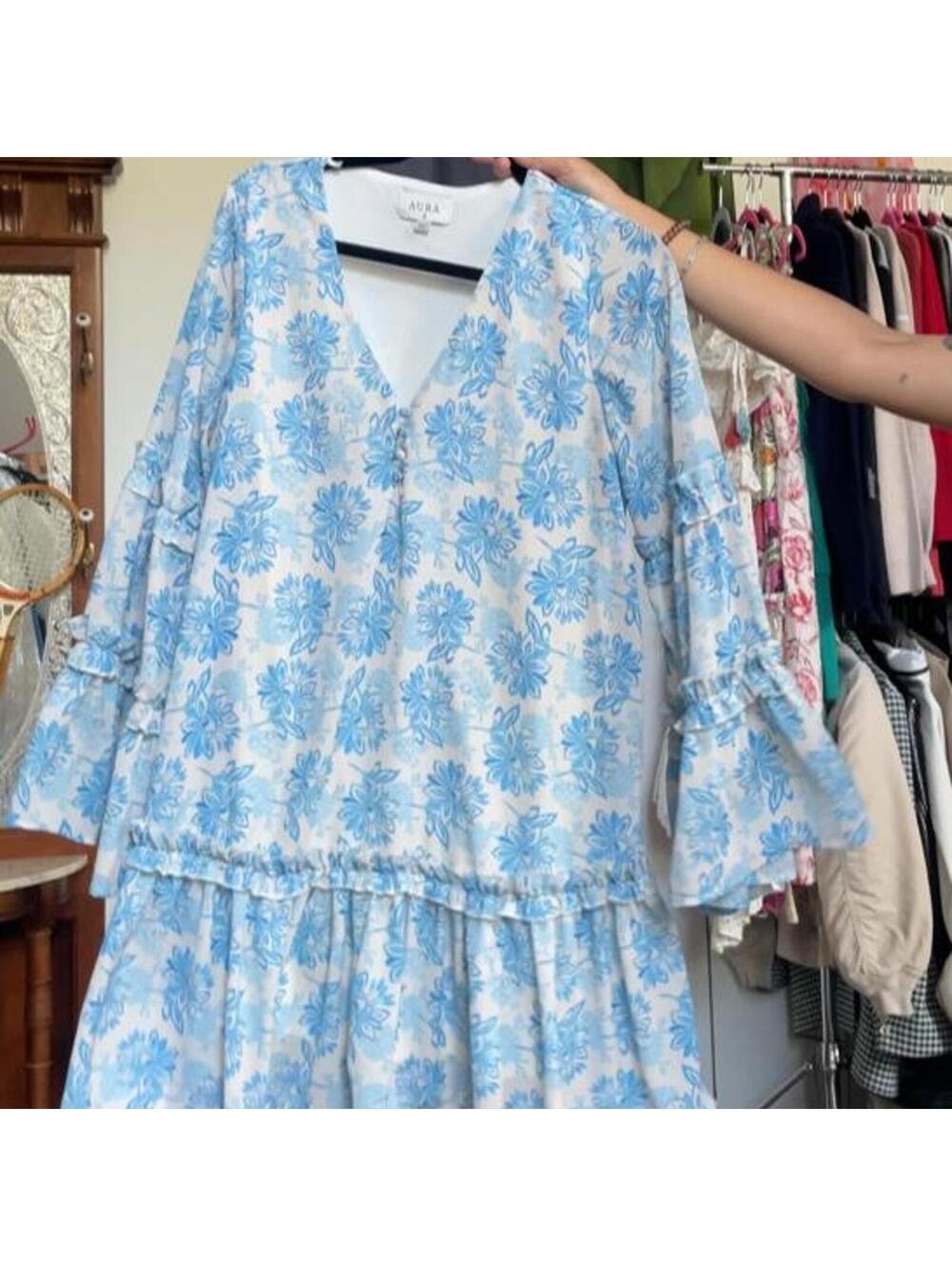 aura Blue floral midi dress with bell sleeves and ruffle hem. Size M